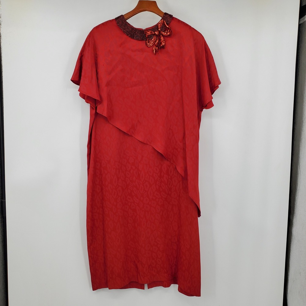 Vintage Alicia Red Leopard Jacquard Dress Beaded Bow Cape Overlay 18 USA Holiday